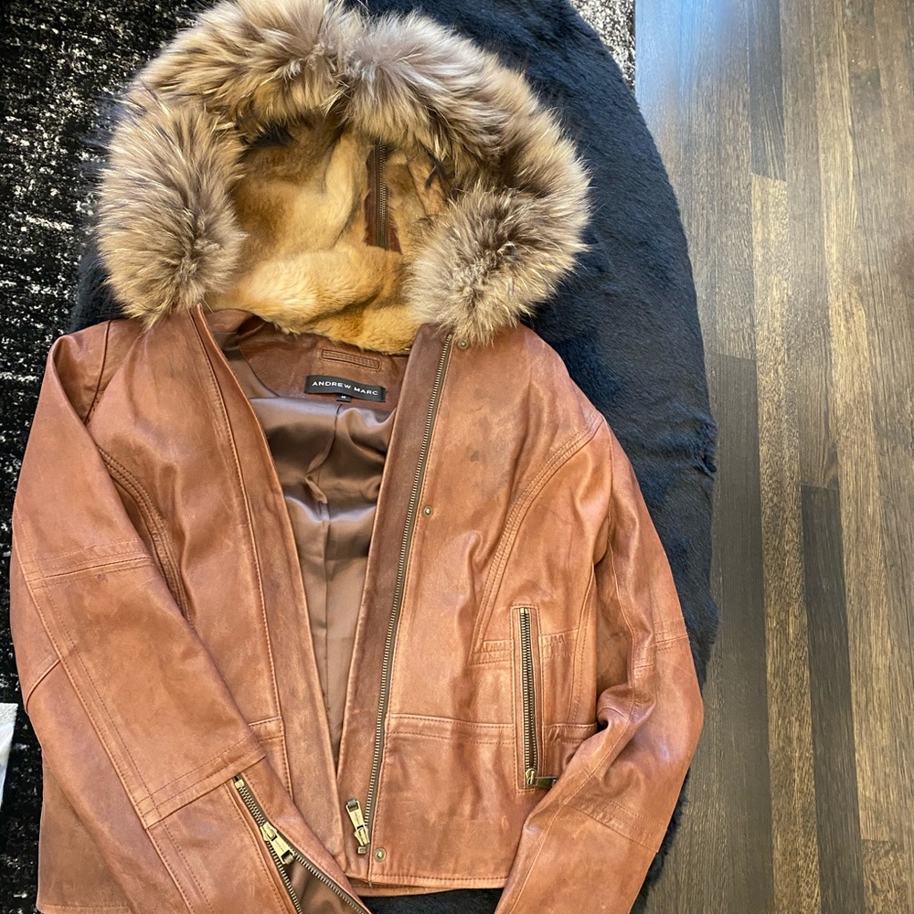 Andrew Marc cognac Leather jacket with fur hood